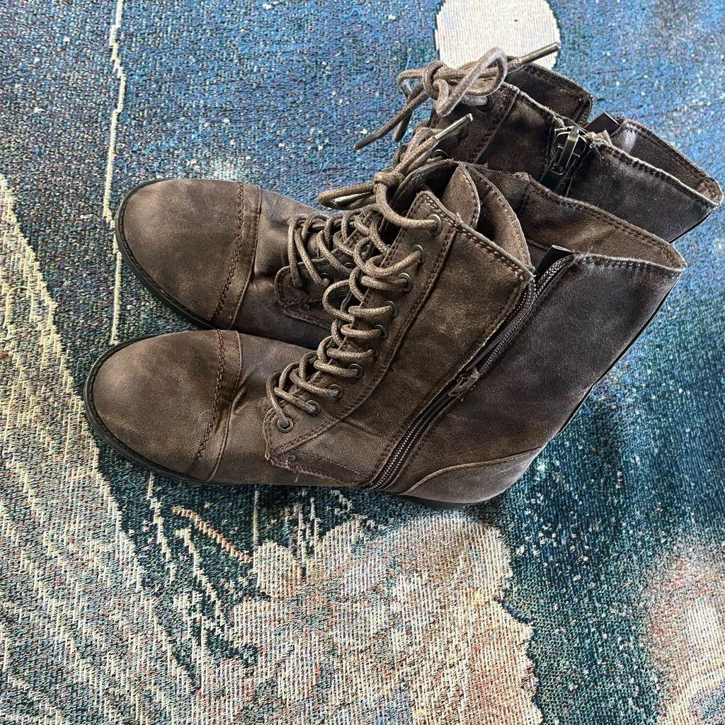 Rampage Ram‑Jedi Zipper Lace‑Up Western Booties Sz 7.5 Brown Faux Leather Casual - Image 4