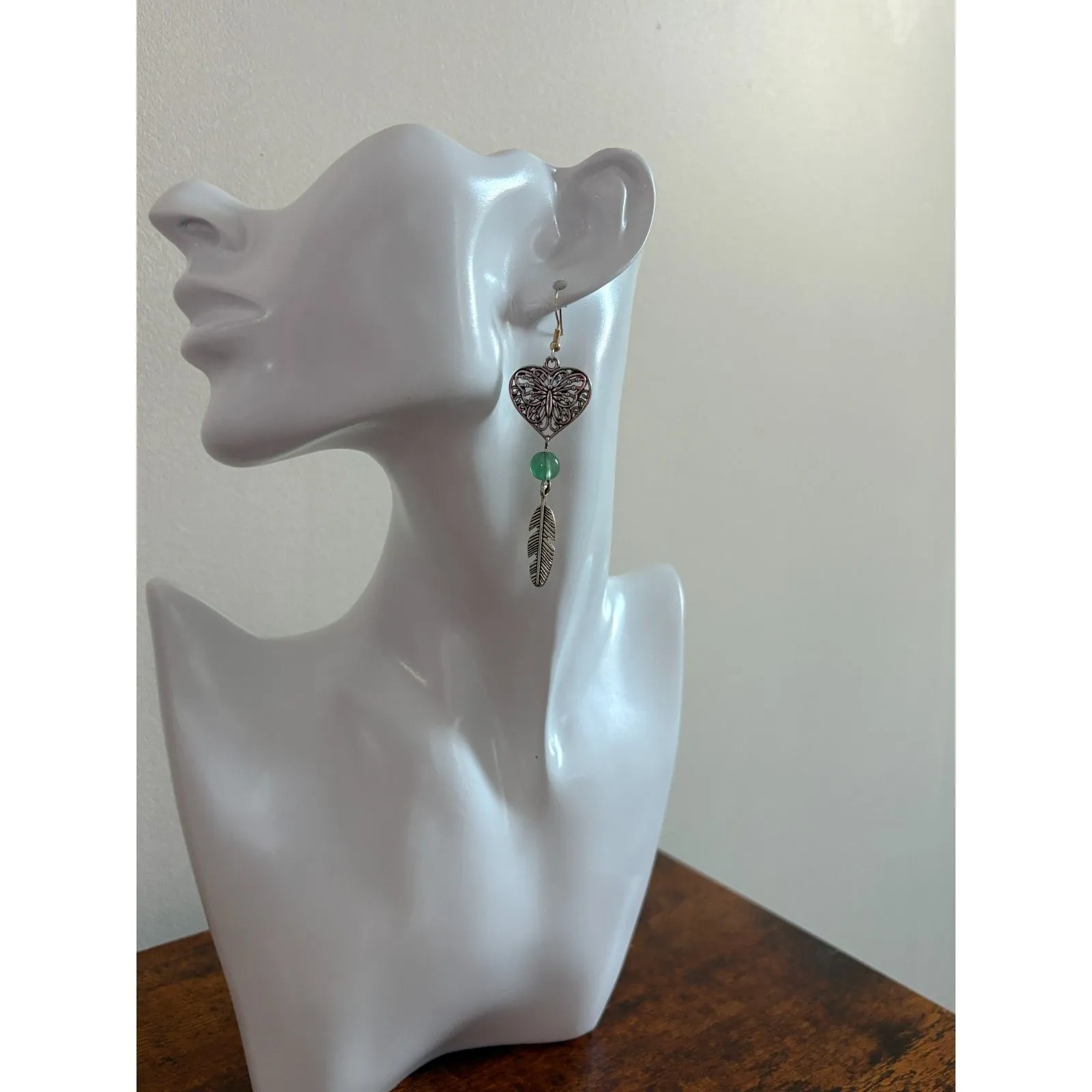 S925 Silver Heart & Butterfly Faux Turquoise Feather  Earrings - Image 2