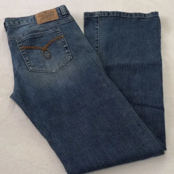 Roxy Vintage Y2K Flare Leg Blue Jeans with Rhinestone Pockets - Image 2