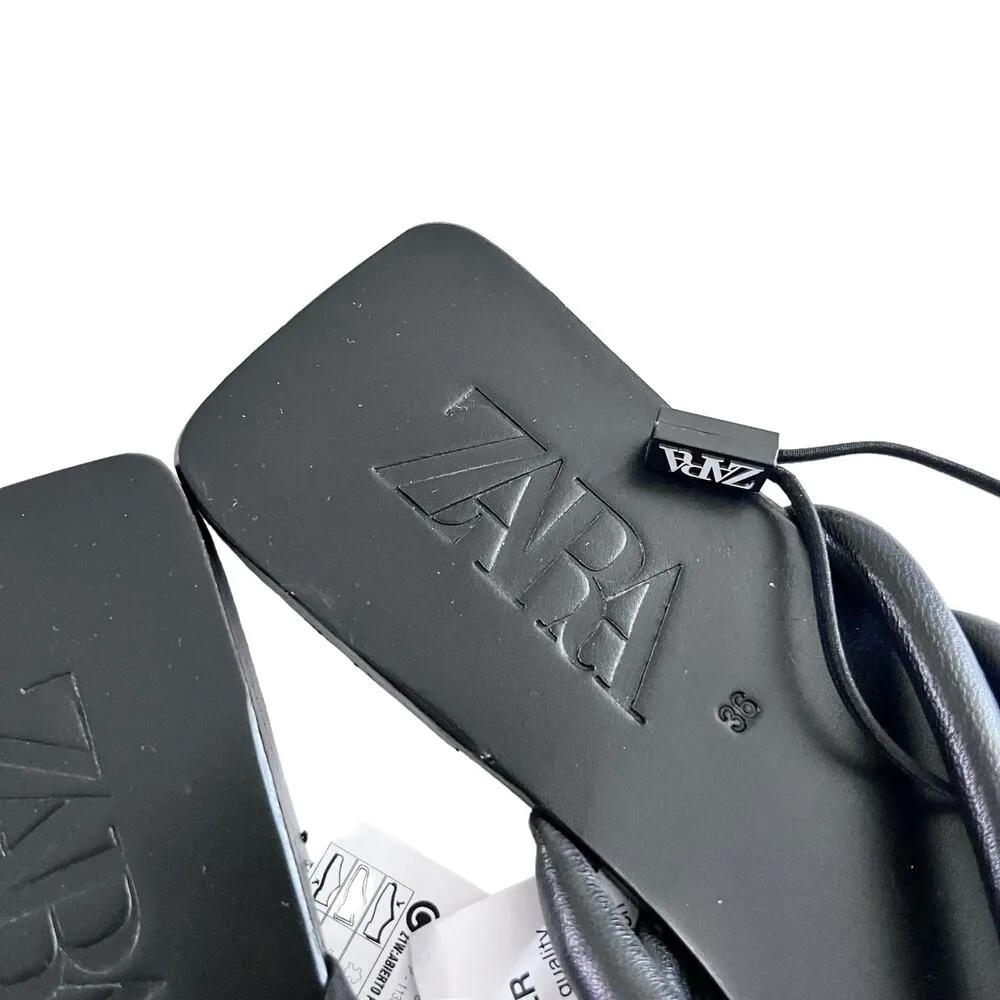 Zara Woman’s Black Tube Leather Flat Sandals size 6 NWT - Image 3