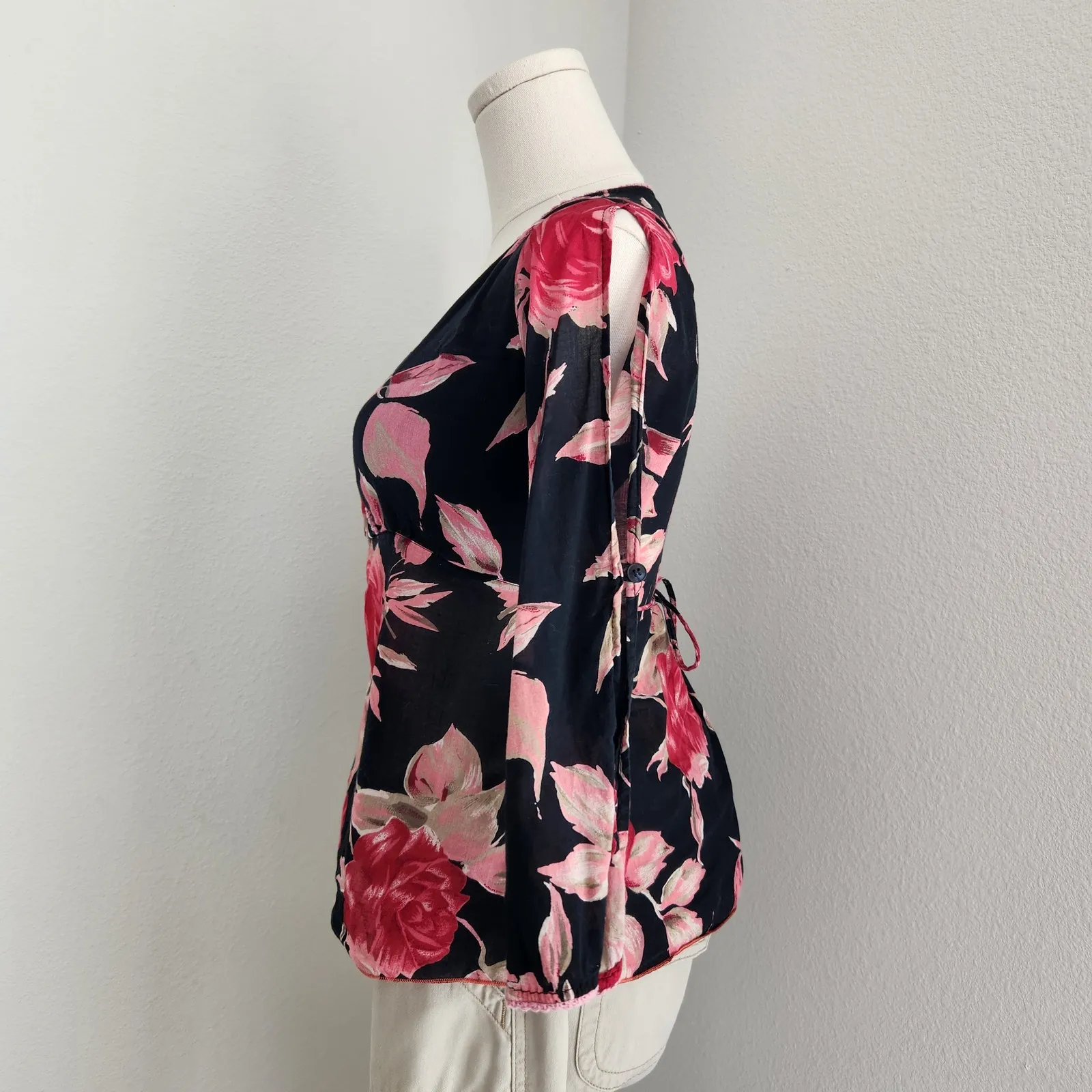 Y2K Magazine Black Pink Rose Print Wrap Tie Back Feminine Fairy Blouse Top S - Image 5