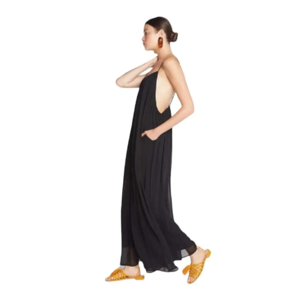 NWT Choosy Talkhouse Chiffon Wide Leg Plunging Lower Back Jumpsuit in Black - Image 3