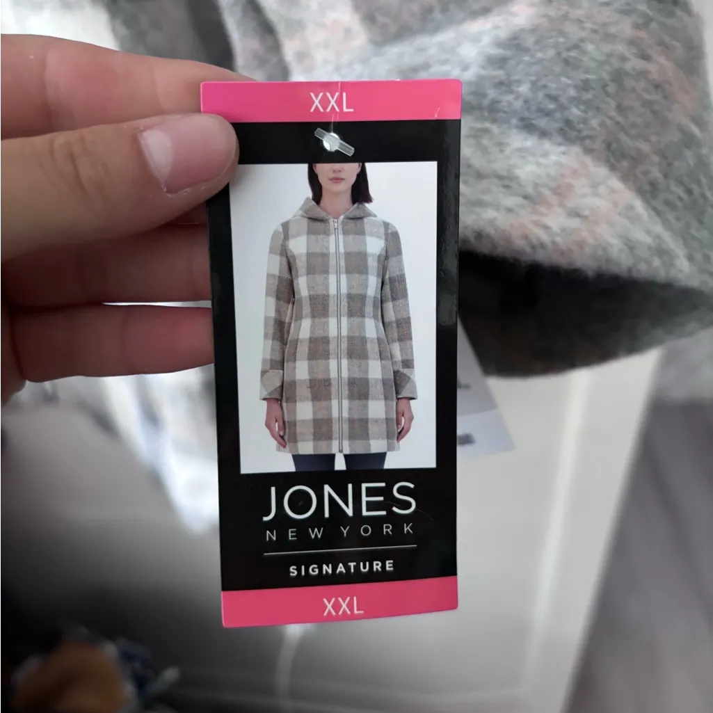 Jones New York Women's Hooded Zip-Up Checkered Pea Coat - Gray - Image 3