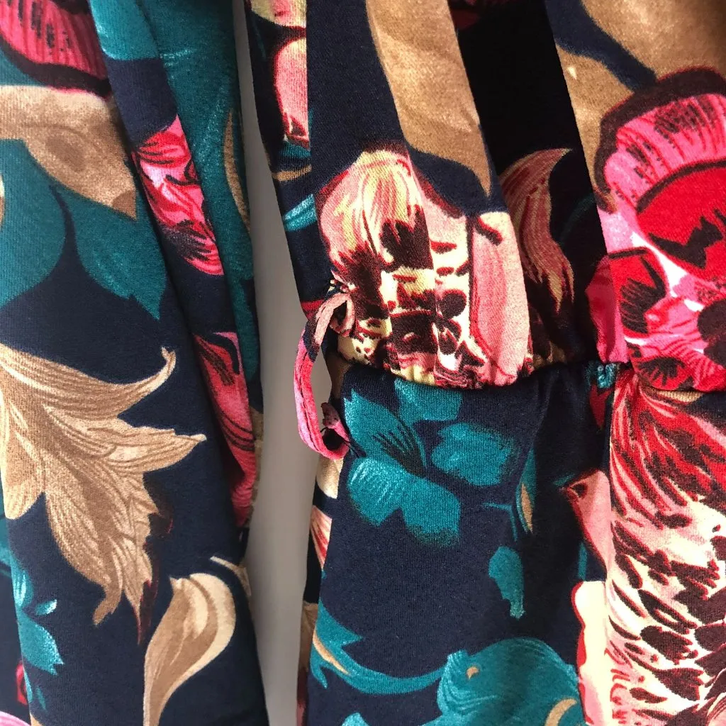 Shein Faux Wrap Mini Dress Long Sleeve V Neck Floral Navy Blue Red Beige M - Image 2