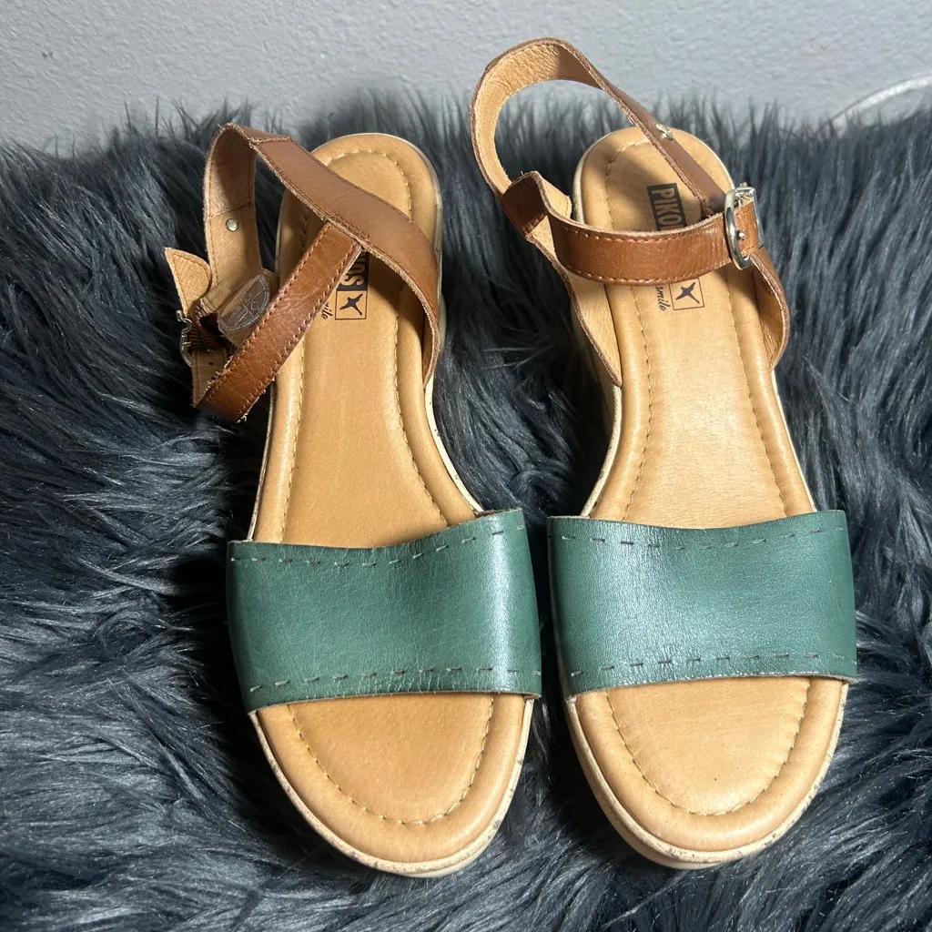 Pikolinos Leather Ankle Strap Miranda Emerald Green Brown Wedge Sandals Sz 40EU - Image 3