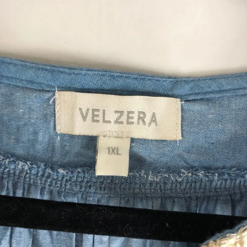 Velzera Womens Embroidered Boho Tunic Top Blue Chambray 100% Cotton 1XL - Image 4