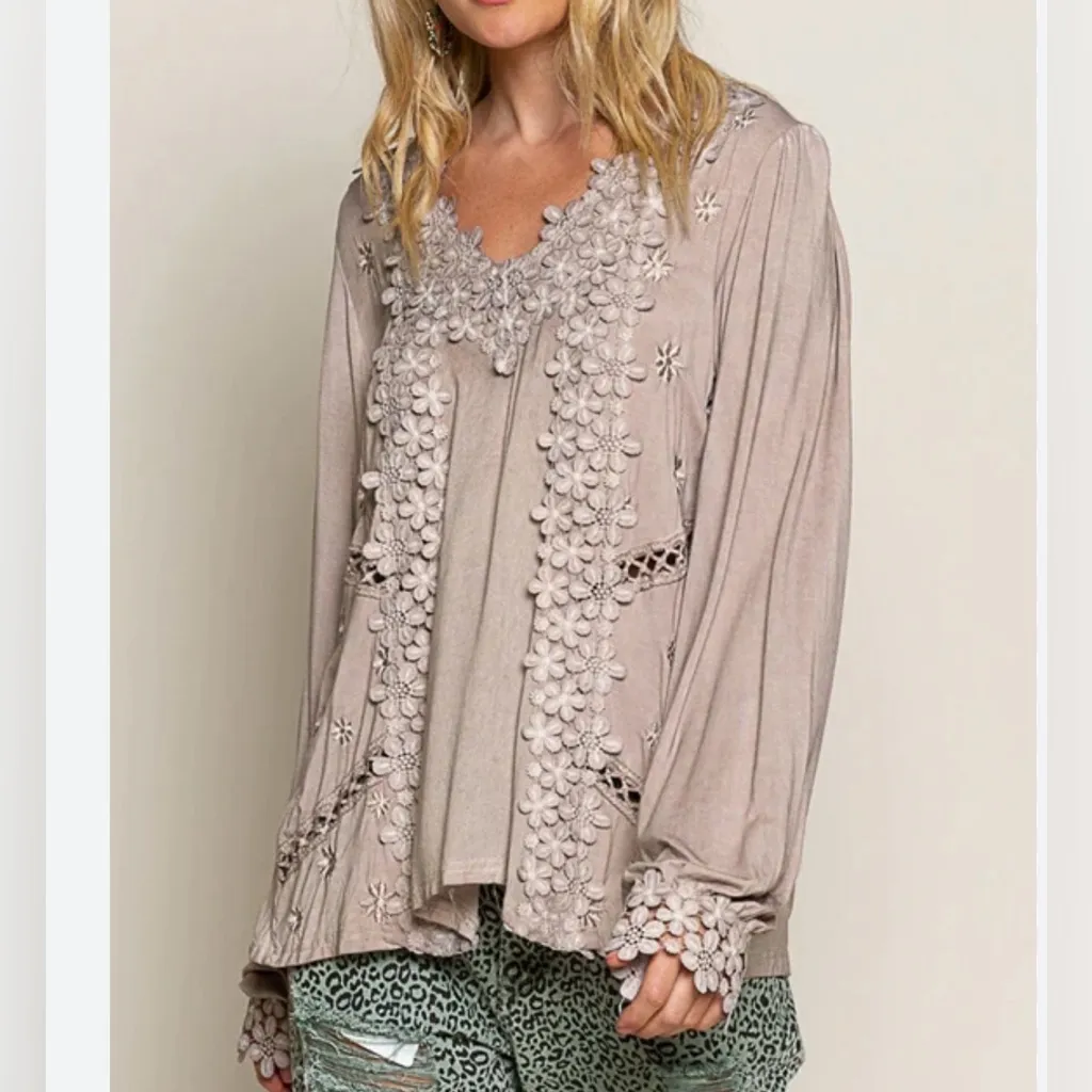 Freckled Poppy X POL Bohemian Floral Appliqué Long Sleeve Top Romantic Peasant - Image 6