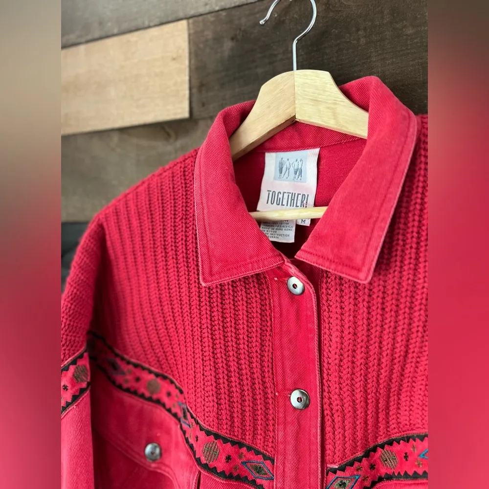 Vintage 90s Together Western Red Southwestern Knit Sweater Denim Jacket Size M - Image 7