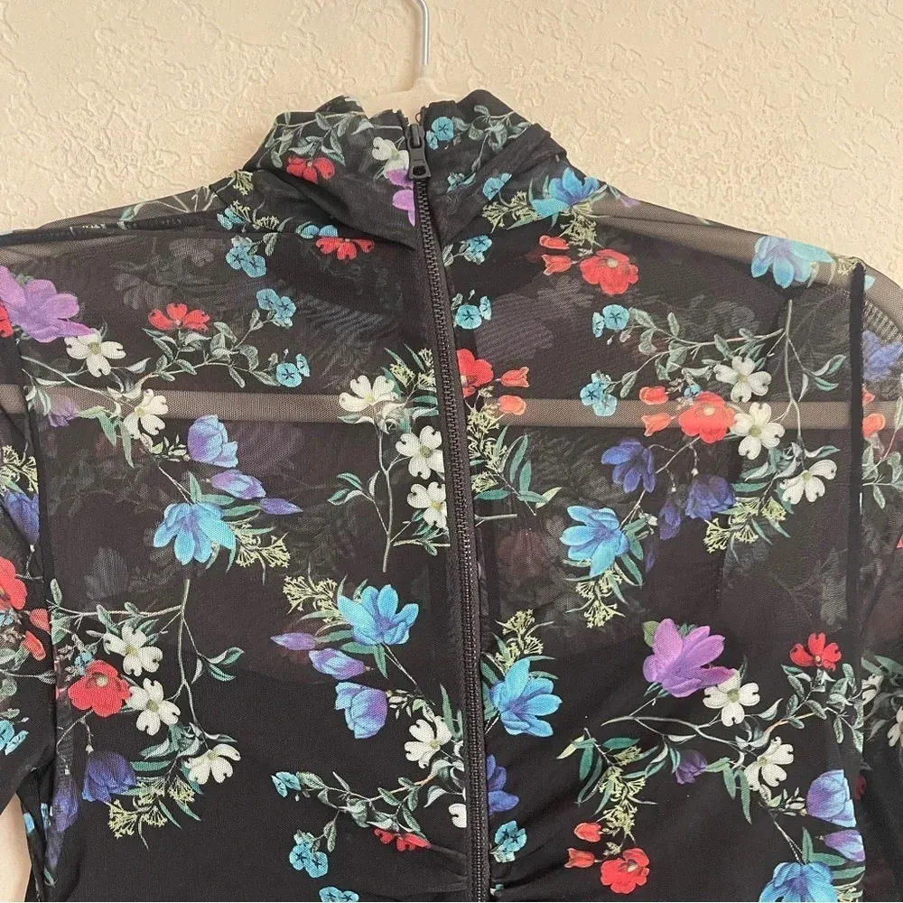 Alice + Olivia Delora Midi Dress Black Floral Ruched Bodycon Long-sleeved - Image 7