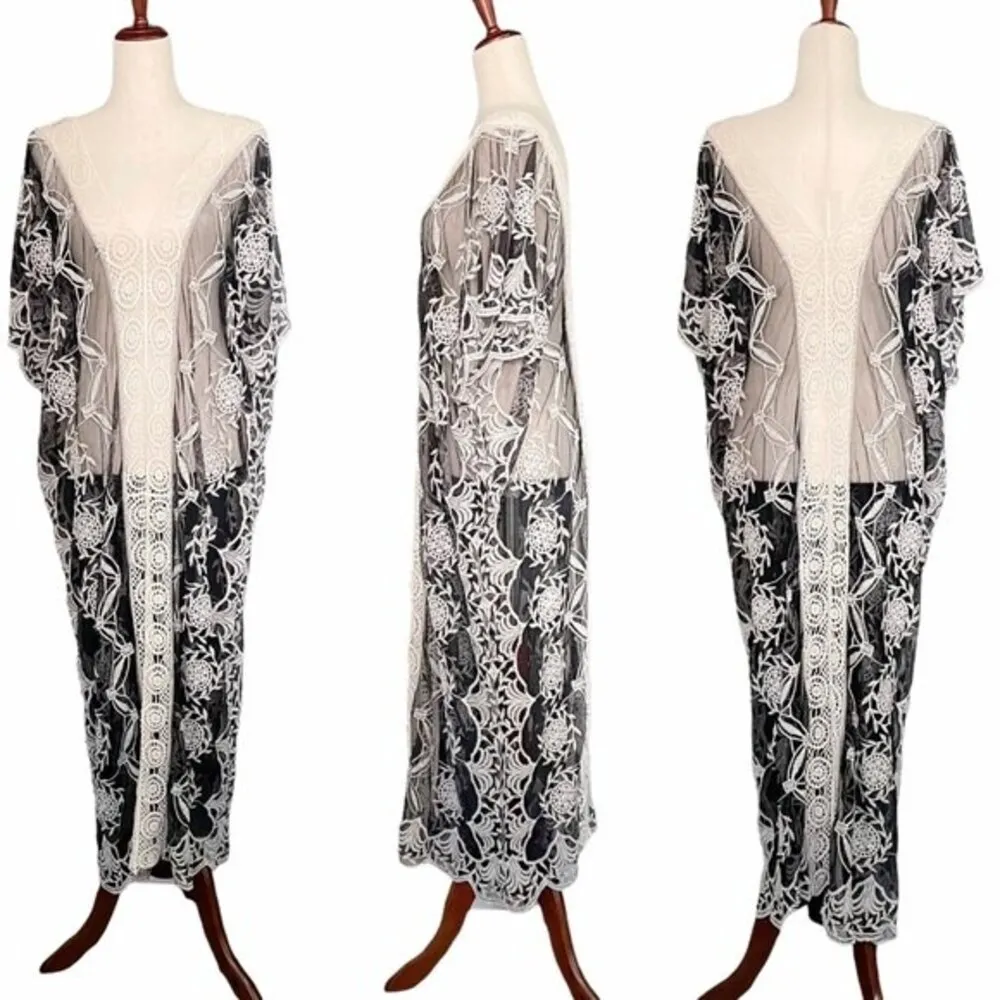 Boho Lace & Crochet Coverup Long Lace Overlay Black & Ivory Swim Cover One Size Size M - Image 2