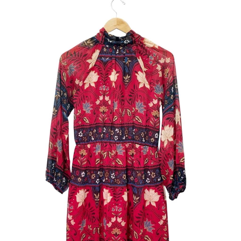 NWT LOFT Red Floral Bow Neck Tiered Midi Dress Western Boho Sheer Sleeve Size SP - Image 9