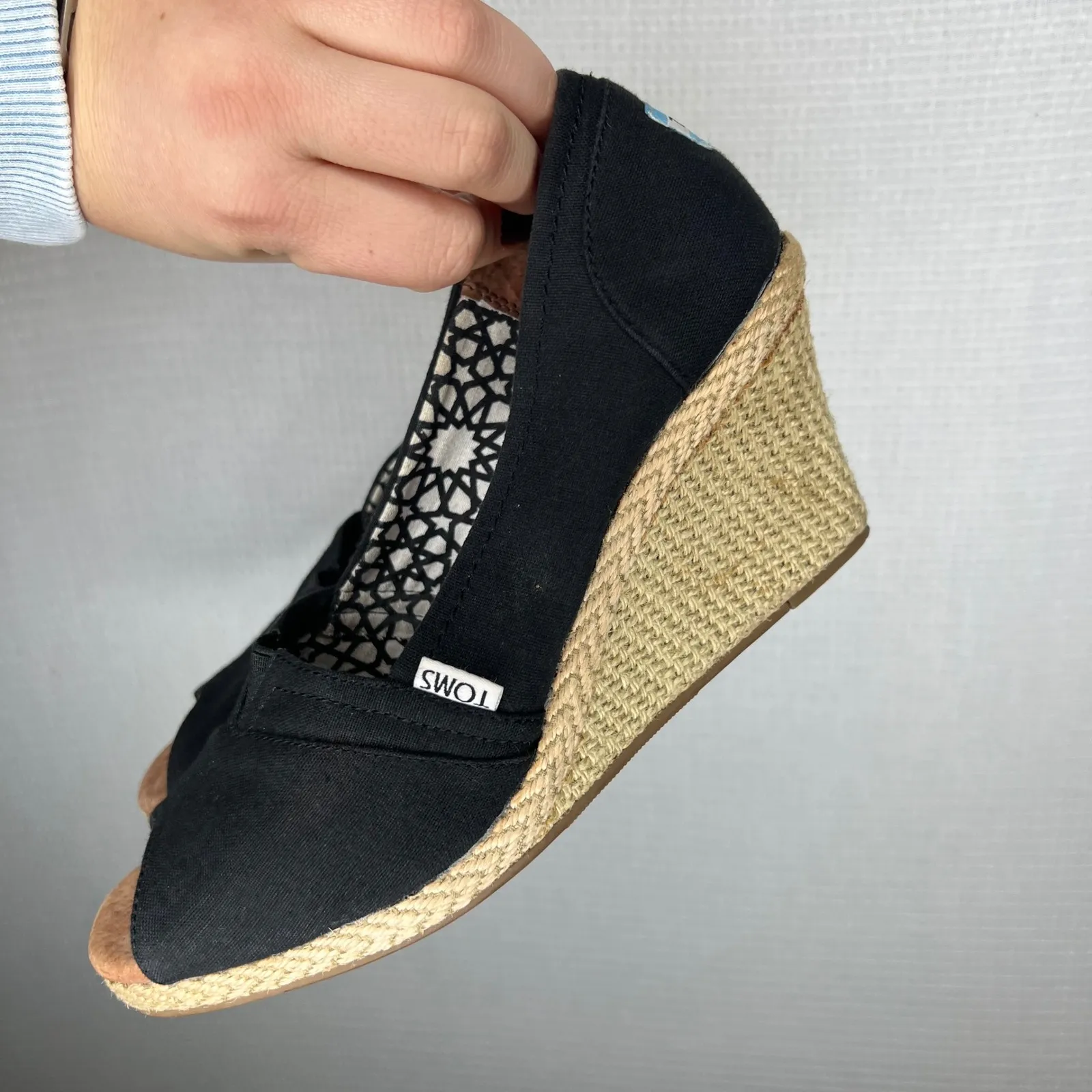 TOMS Black Canvas Peep‎ Toe Wedge Espadrille Shoes Women's Size 9.5 - Image 5