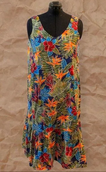 Vintage Blue Green Multicolor Hawaiian Sleeveless Midi Dress Size L - Image 2