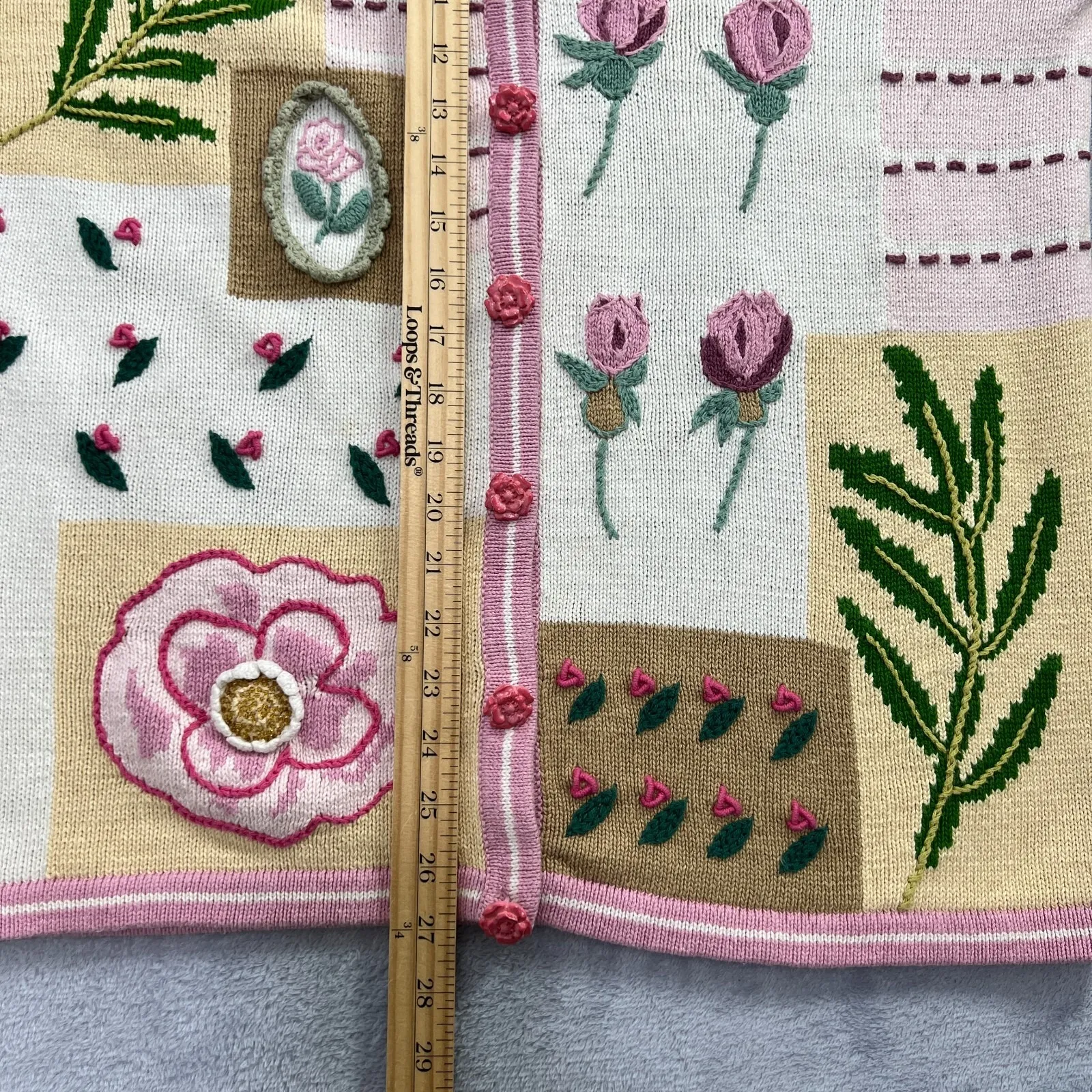 Storybook Knits Floral Patchwork‎ Cardigan HSN Vintage Women's Medium Knit Top Yellow - Image 9