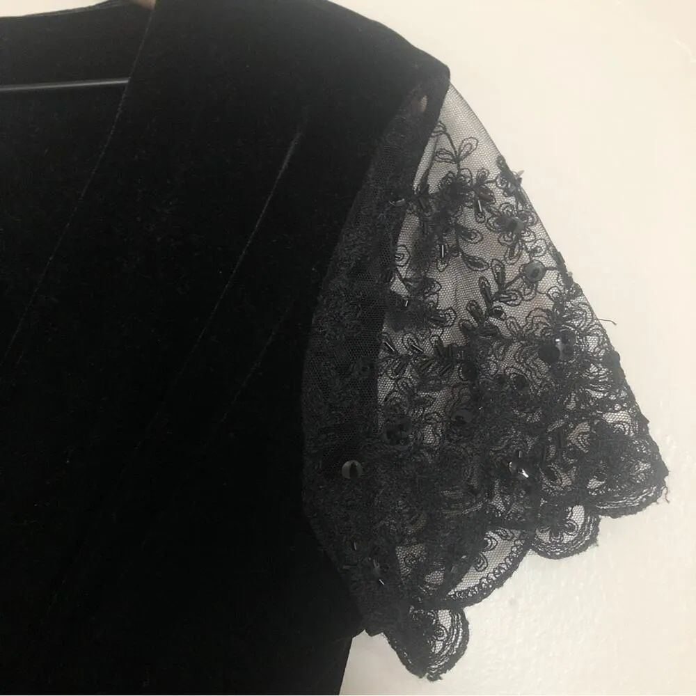 Vintage 90s Robbie Bee Black Velvet Beaded Short Sleeve Cinched Waist Midi Dress - Image 2