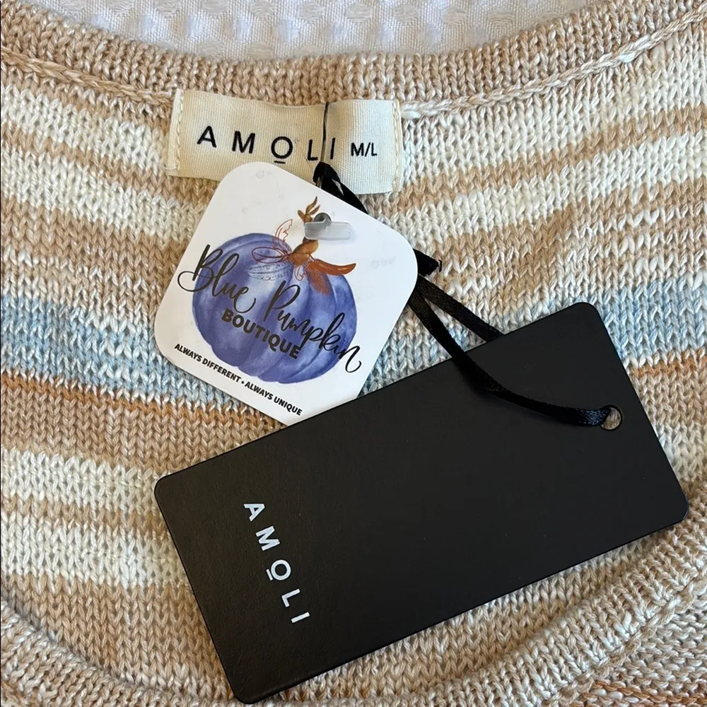 NEW! Women's M/L Striped Sleeveless Sweater Top Cream Tan Blue Boho Lightweight Size M - Image 2