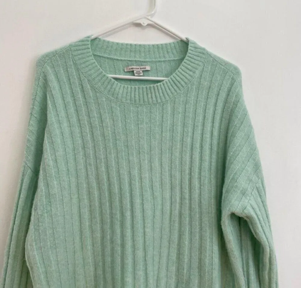AMERICAN EAGLE Cropped Dreamspun Crew Neck Sweater Solid Mint Green Blue Crop M - Image 4