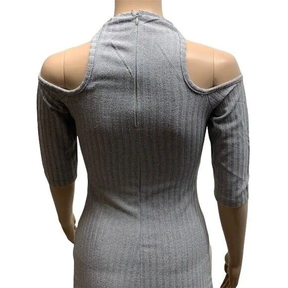 Womens Bodycon Dress Cold Shoulder Ribbed Knit Gray Silver Size 8 - Image 5