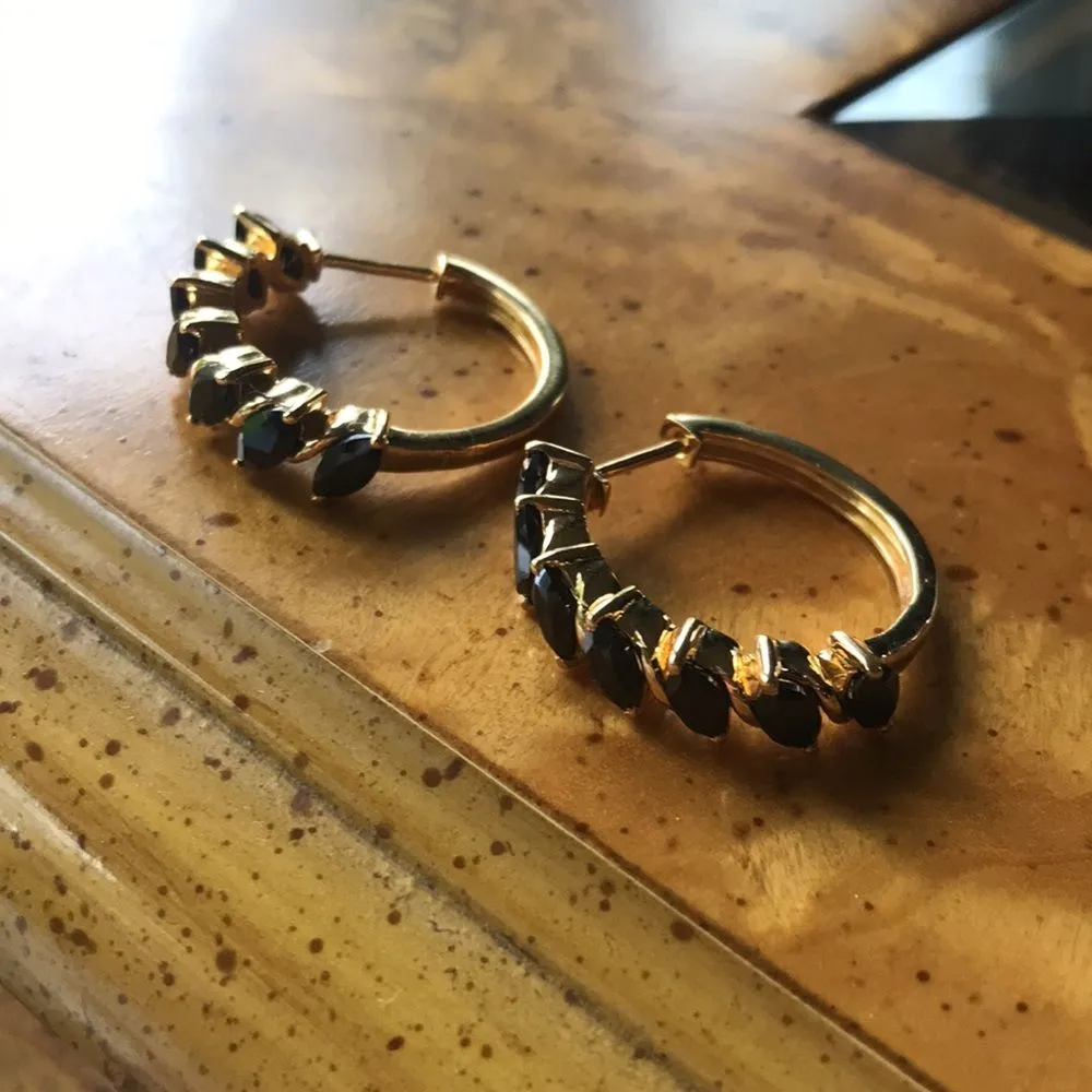 Natural Black Spinel Sterling Silver Hoop Earrings Gold - Image 3