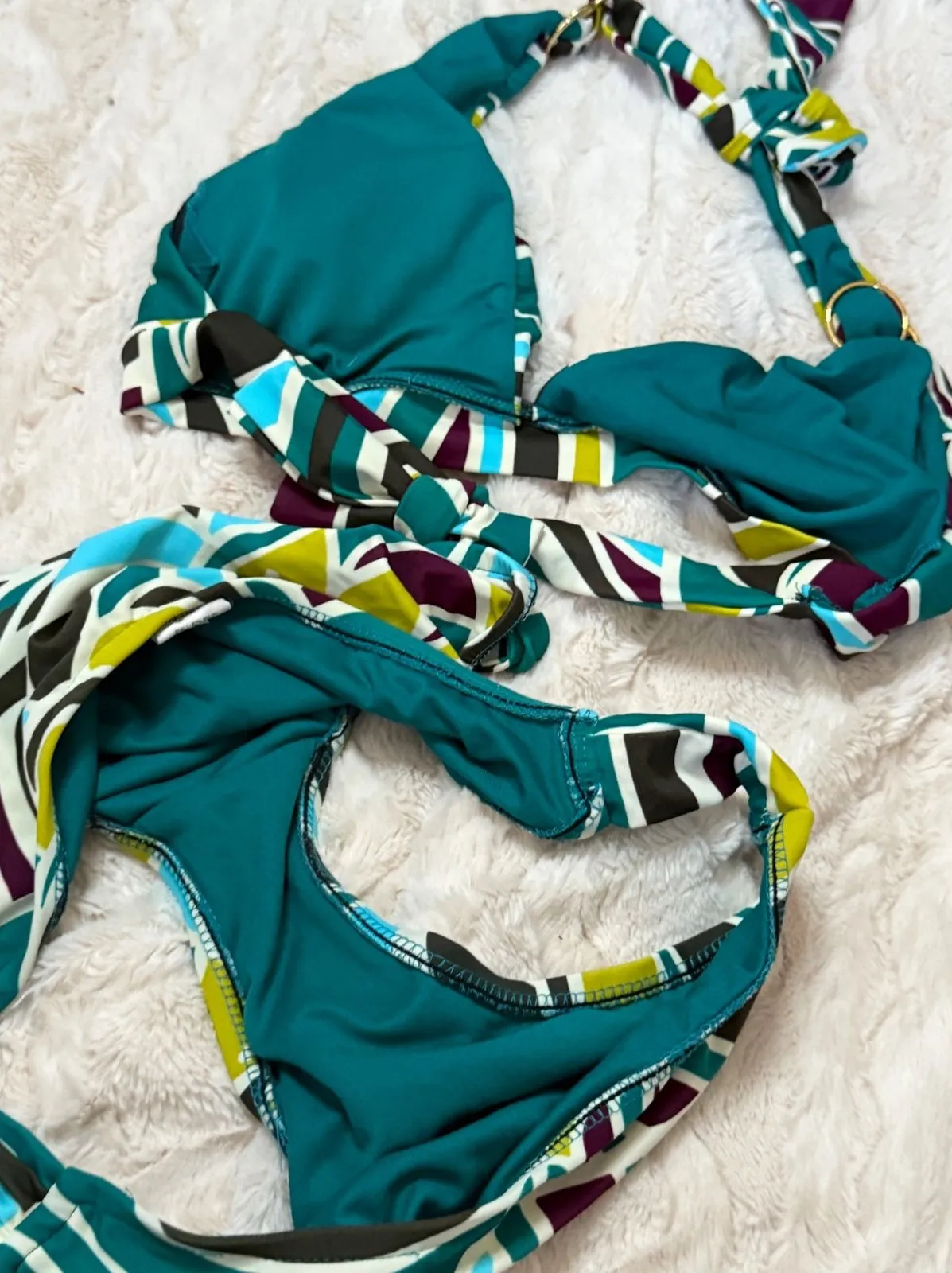 Mossimo Women Teal Abstract Print Halter Triangle Bikini Swimsuit Set 3 Size M - Image 1