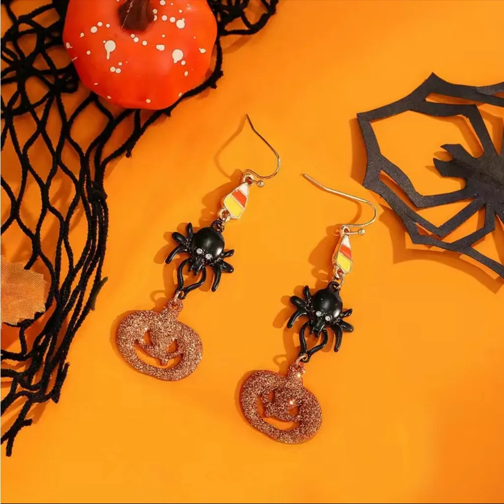Halloween Decoration Pumpkin Dark Spider Design Dangle Earrings Zinc Alloy‎ Faux Black - Image 5
