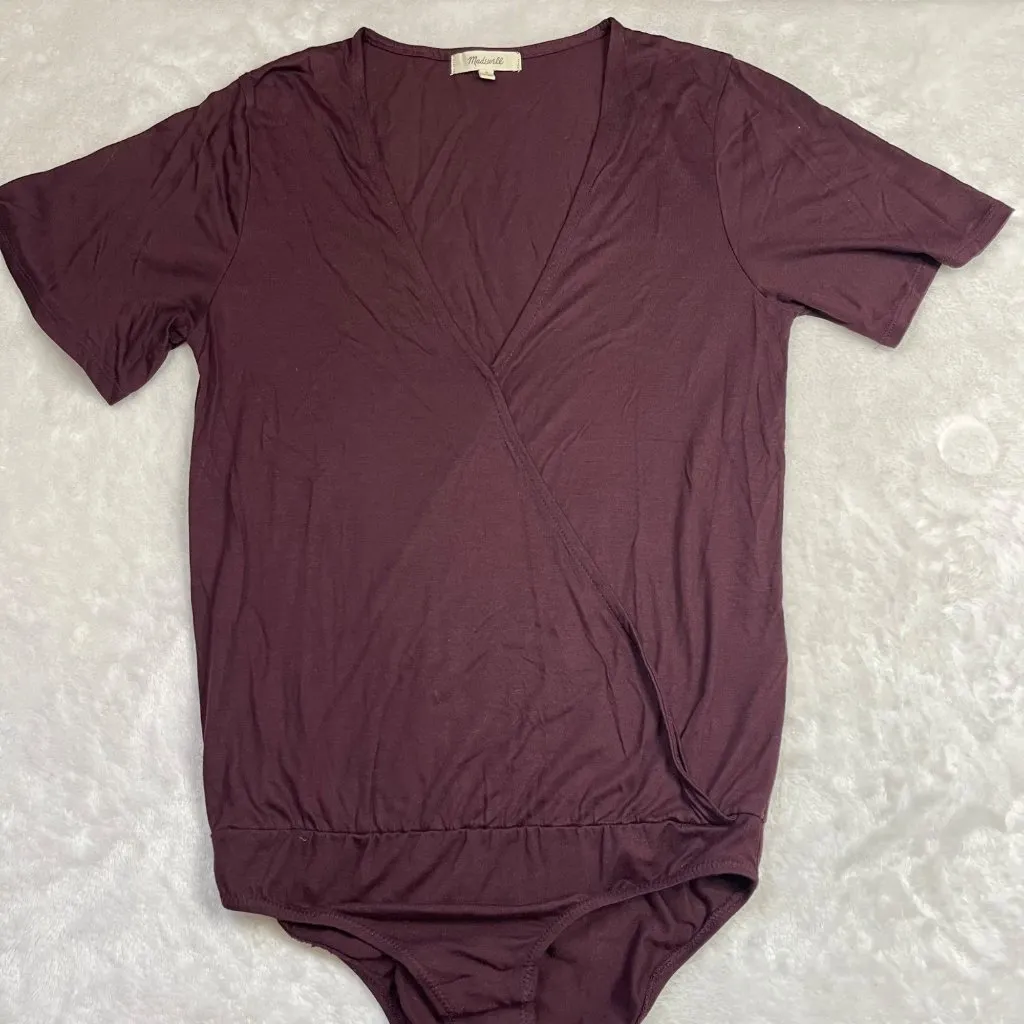 Madewell Short Sleeve Wrap Bodysuit Women's S‎ Burgundy 100% Lyocell V-Neck NEW - Image 4
