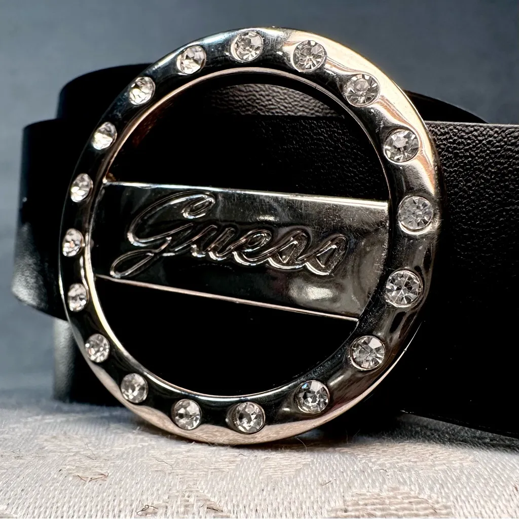 Guess Vintage Black Belt with Embellished Rhinestone Silver Buckle Size Small - Image 4