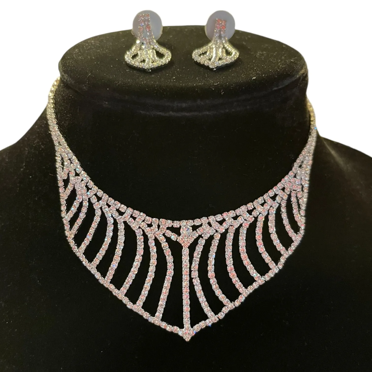 Diamond Necklace Dangle Earrings Wedding NEW Silver - Image 2