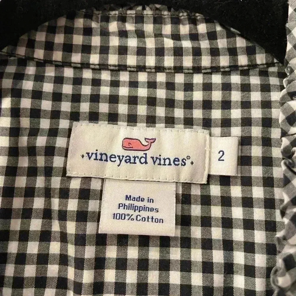 Vineyard Vines Ruffle Collar Black Gingham Long Sleeve Cotton Button Down Size 2 - Image 8