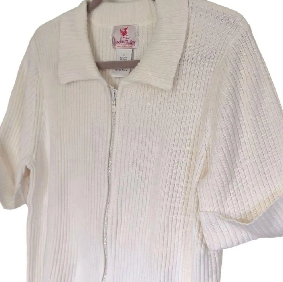 Quacker Factory Women's Ivory Short Sleeve Zip-Up Top Size L Casual - Image 2