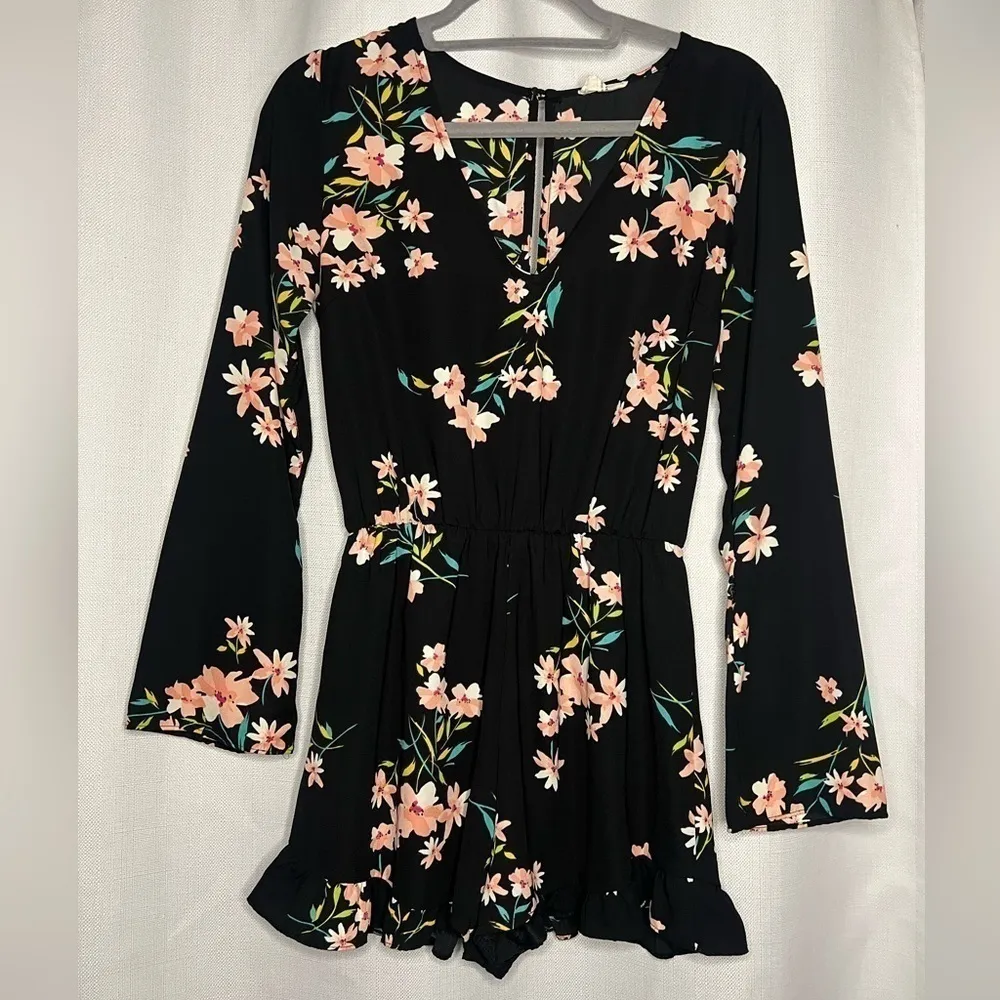 Pins & Needles Black Long Sleeve Floral Romper Small - Image 3