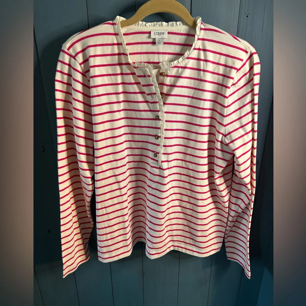 New J. Crew Women's Long Sleeve Pink & White Striped Tee w/Ruffle Collar | L - Image 2
