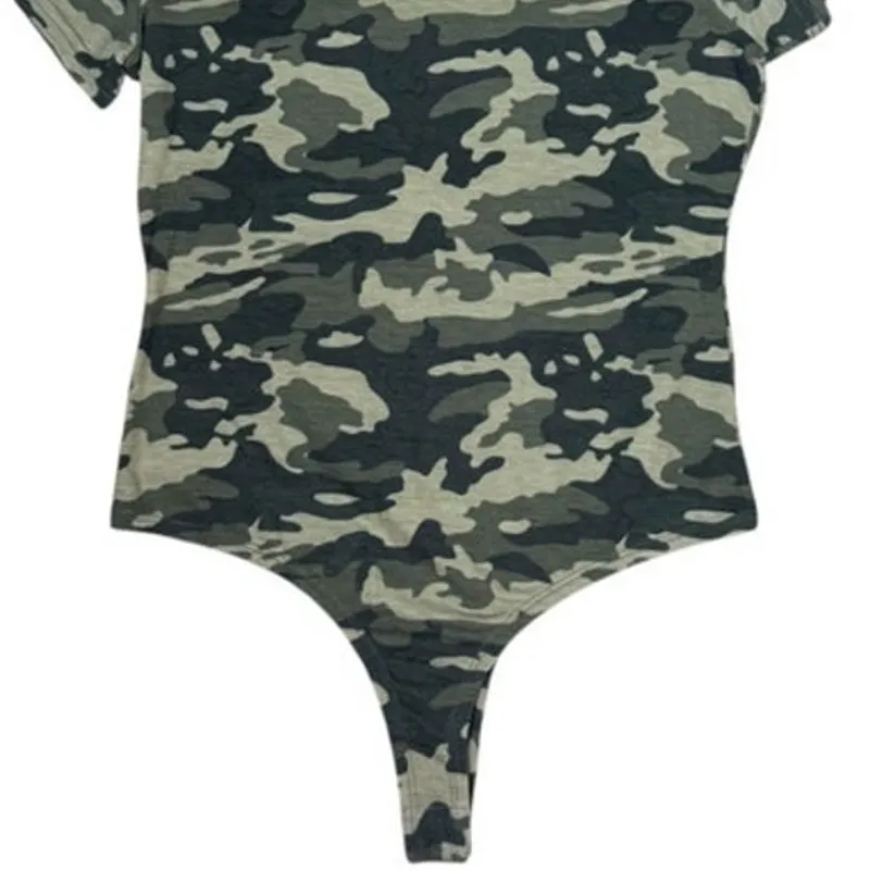 Aqua Short Sleeve Crew Neck Bodysuit Camo Print Size Medium Green & Brown - Image 5