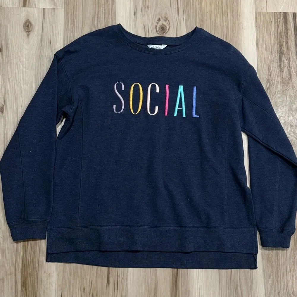 Wildfox Navy Blue Social Crewneck Sweatshirt Women’s Medium - Image 2