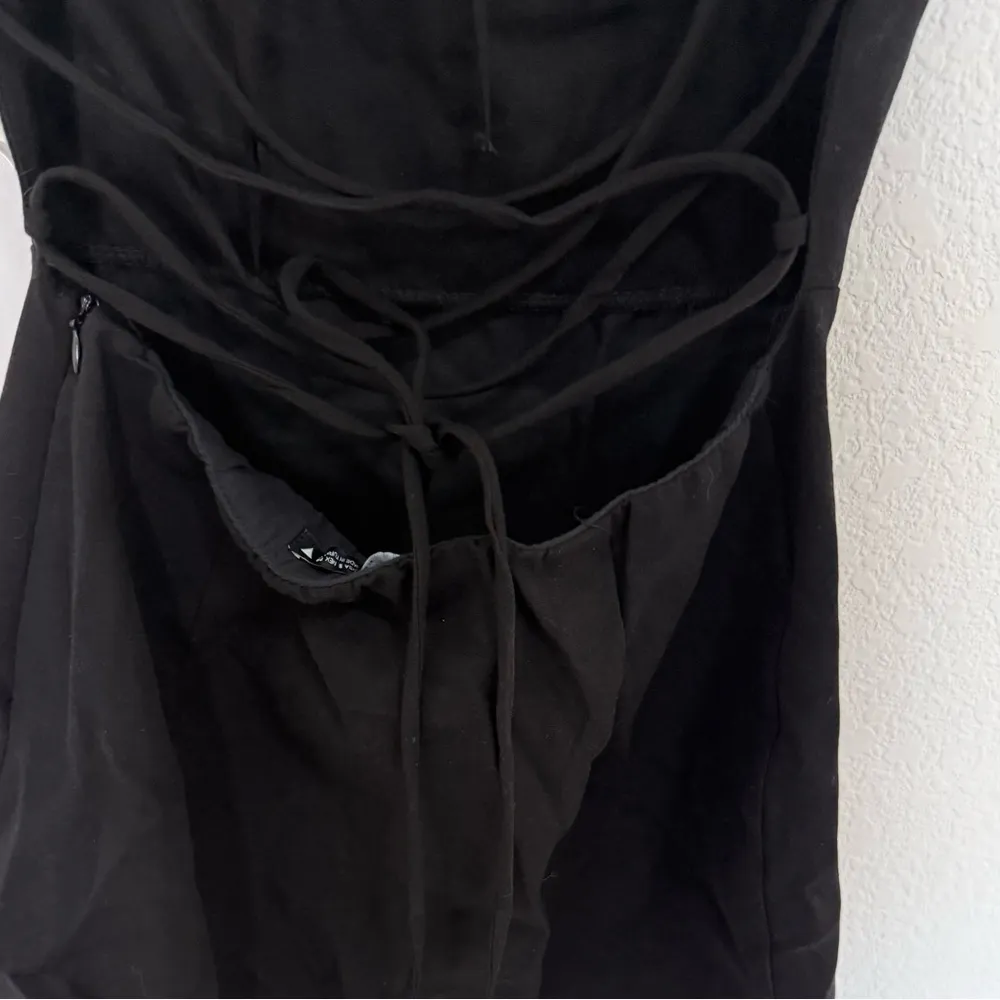 ZARA Puff Sleeve Black Mini Dress Open Back Lace Up Crossback Straps Small NEW - Image 10