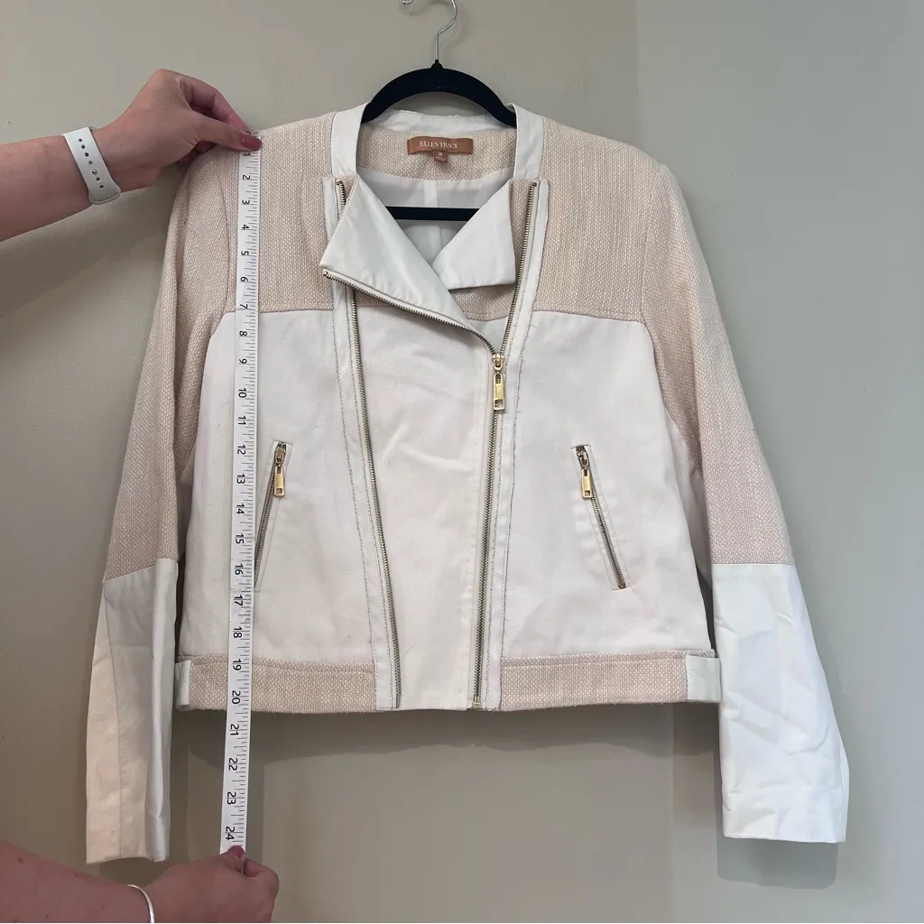 Ellen Tracy Off White Asymmetrical Zip Faux Leather Tweed Crop Jacket - Image 4