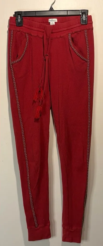 Sundance- Red Waffle Knit Aztec Accent Embroidered Tassel Boho Pants- Size S - Image 1