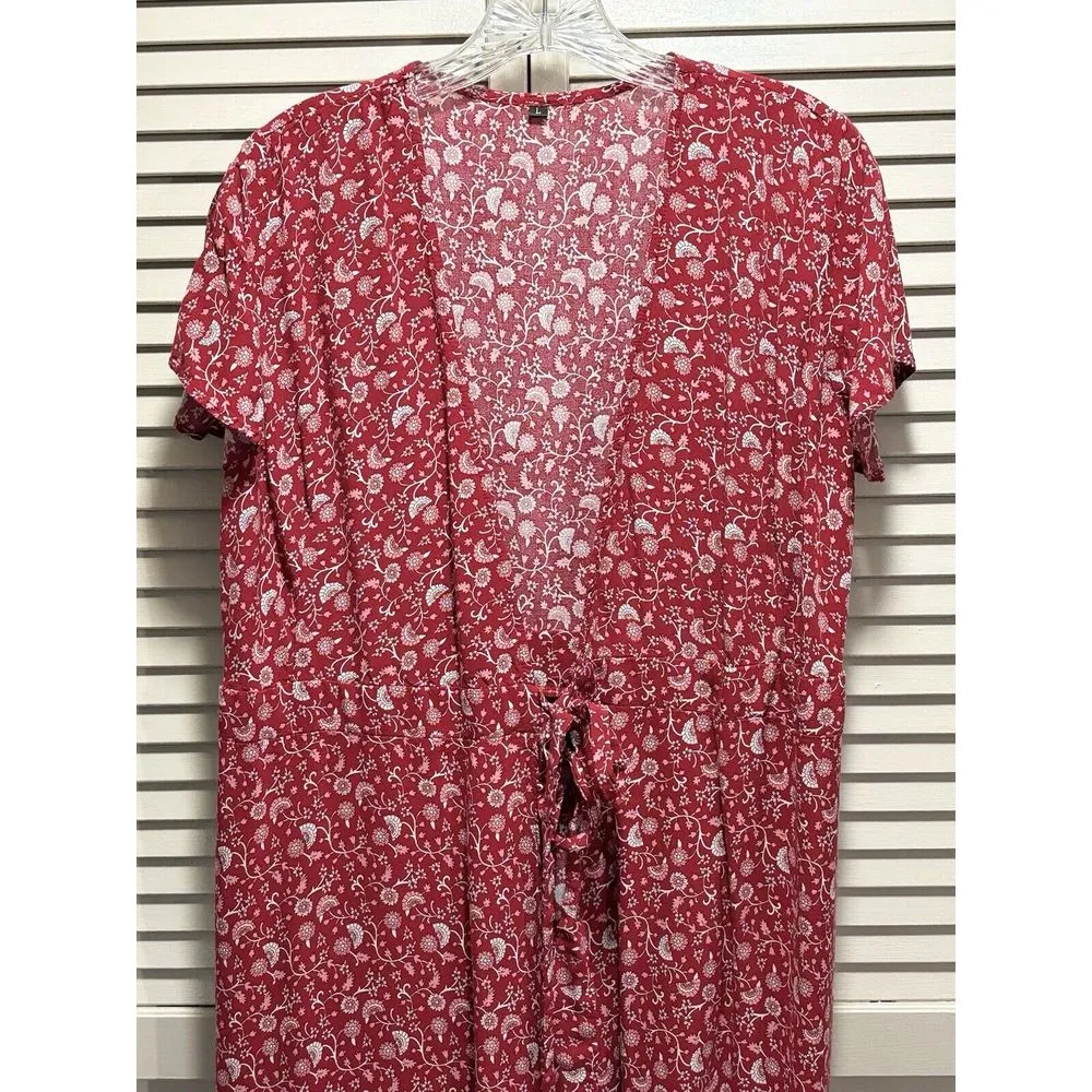 Unbranded Red/Pink/White Floral Short Flutter Sleeve Duster Size L Long Tie Pink Size L - Image 2