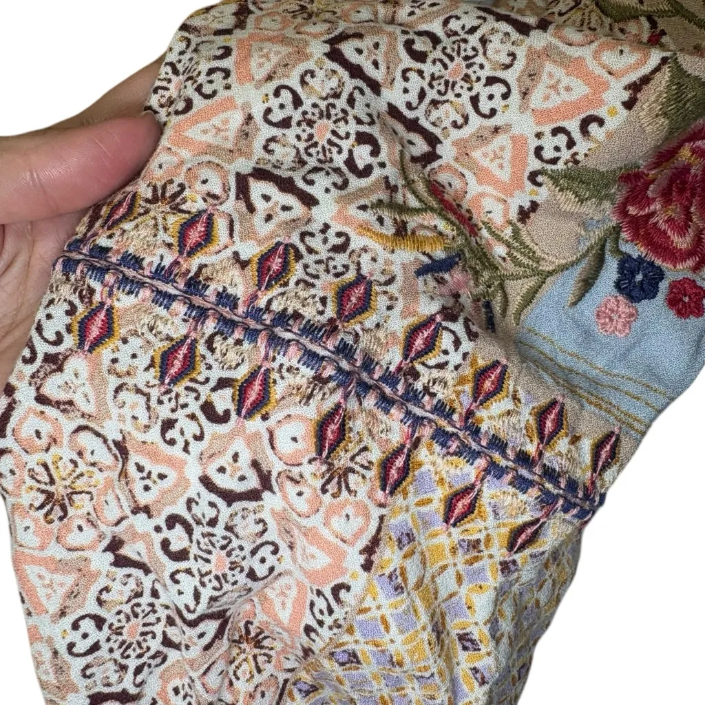 Savanna Jane Women's Boho Patchwork Embroidered Blouse‎ Top Peasant Size Small Tan - Image 4