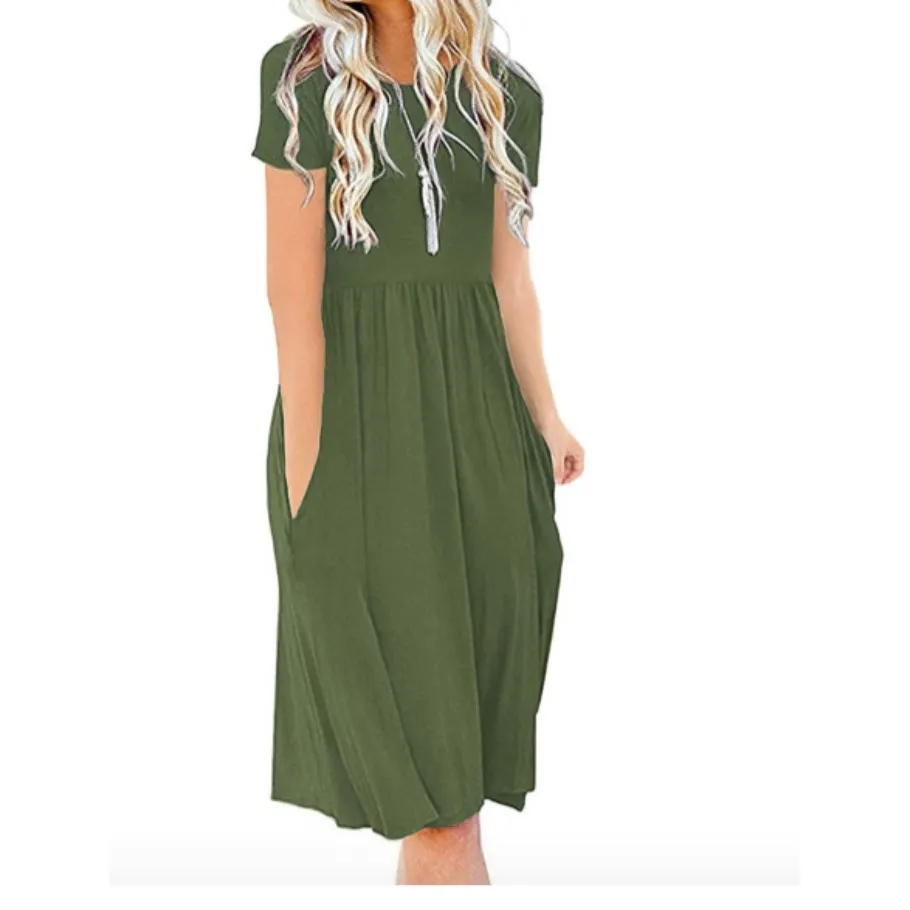 DB MOON Women's Olive Green‎ Casual Short Sleeve Midi Dress With Pockets XL Green - Image 2