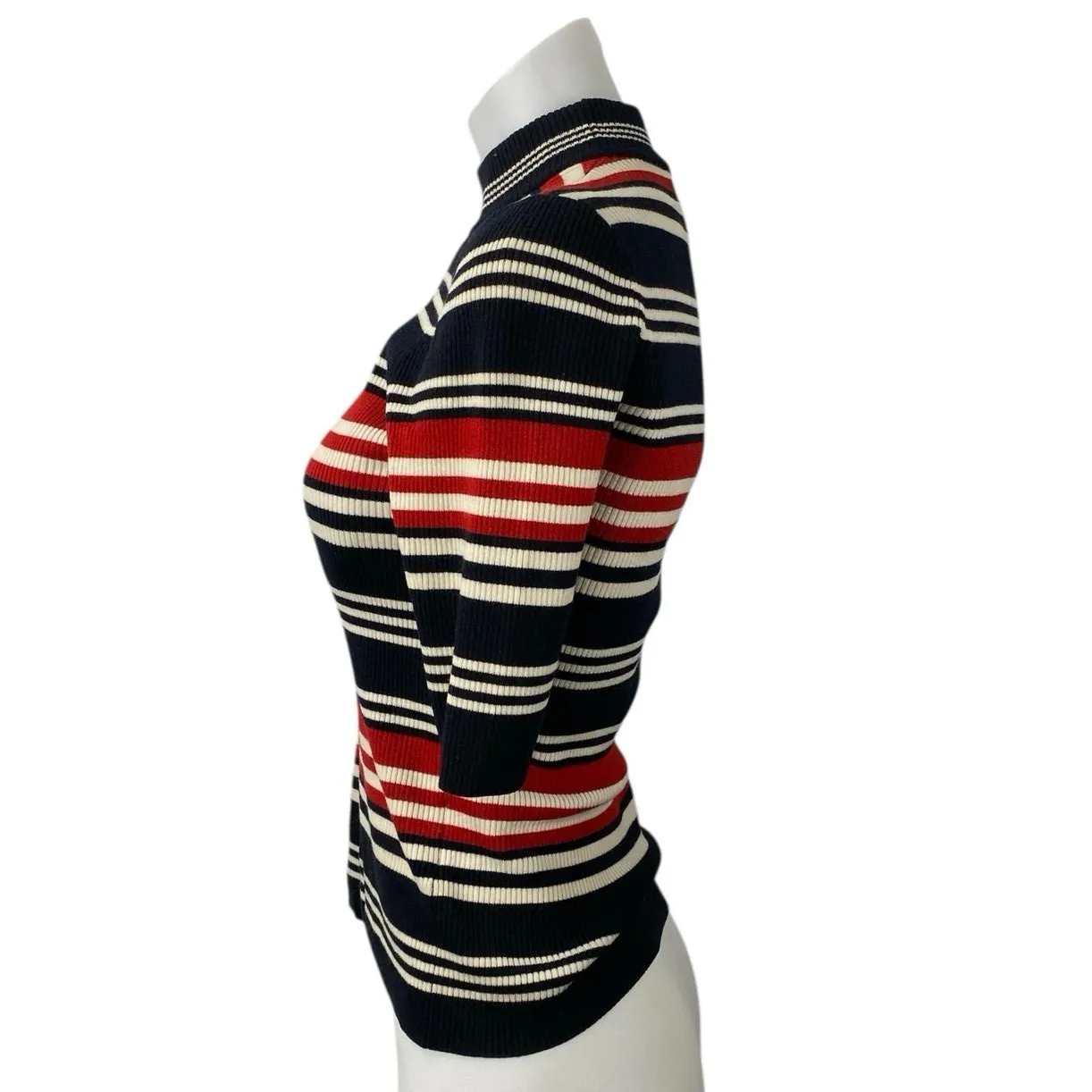 Nicholas Multicolor Wool Striped Rib Knit Mock Neck Short Sleeve Sweater Top M Size M - Image 2