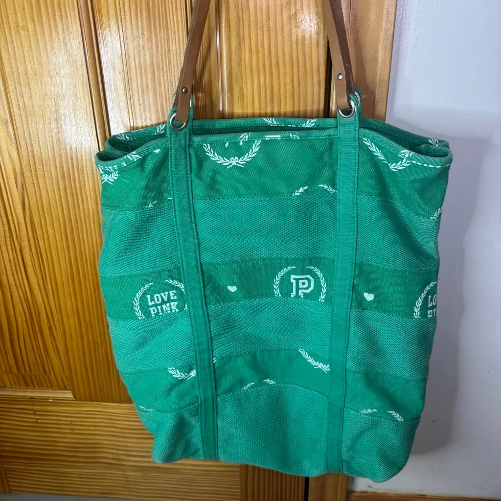 Vintage Victoria’s Secret PINK Green and White Monogram Canvas Tote Bag - Image 2