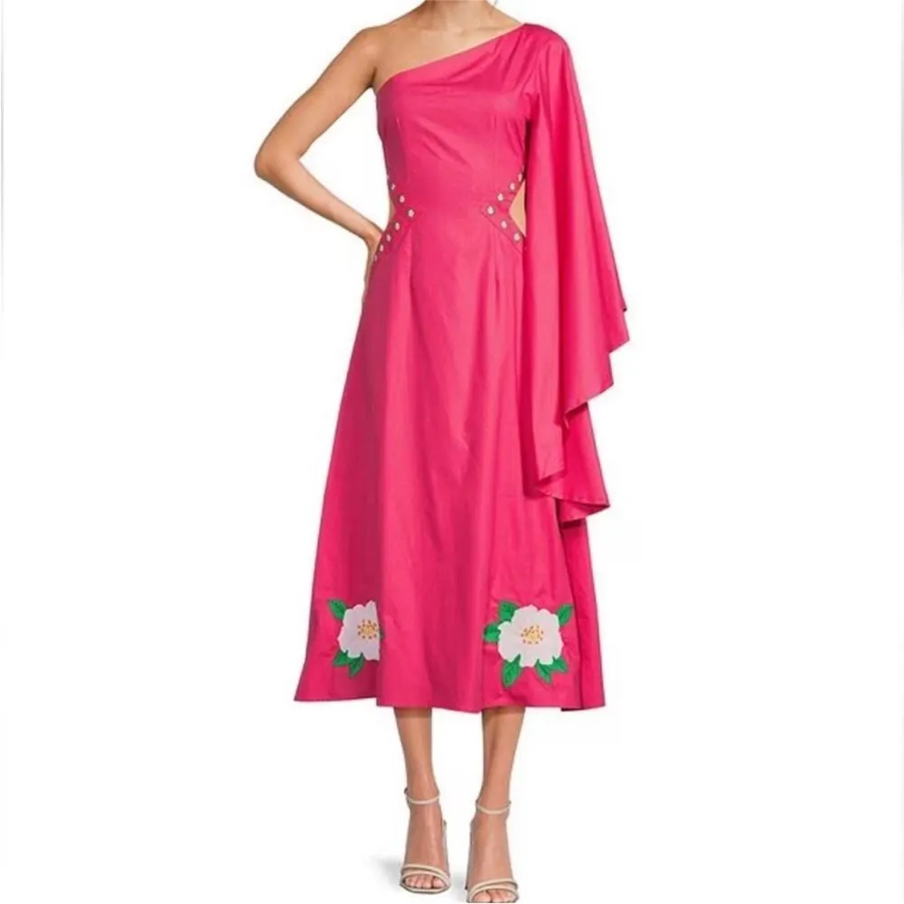 FANM MON Amarya Pink One Shoulder Dress Long Sleeve Cutout Embroidered XS‎ New - Image 3