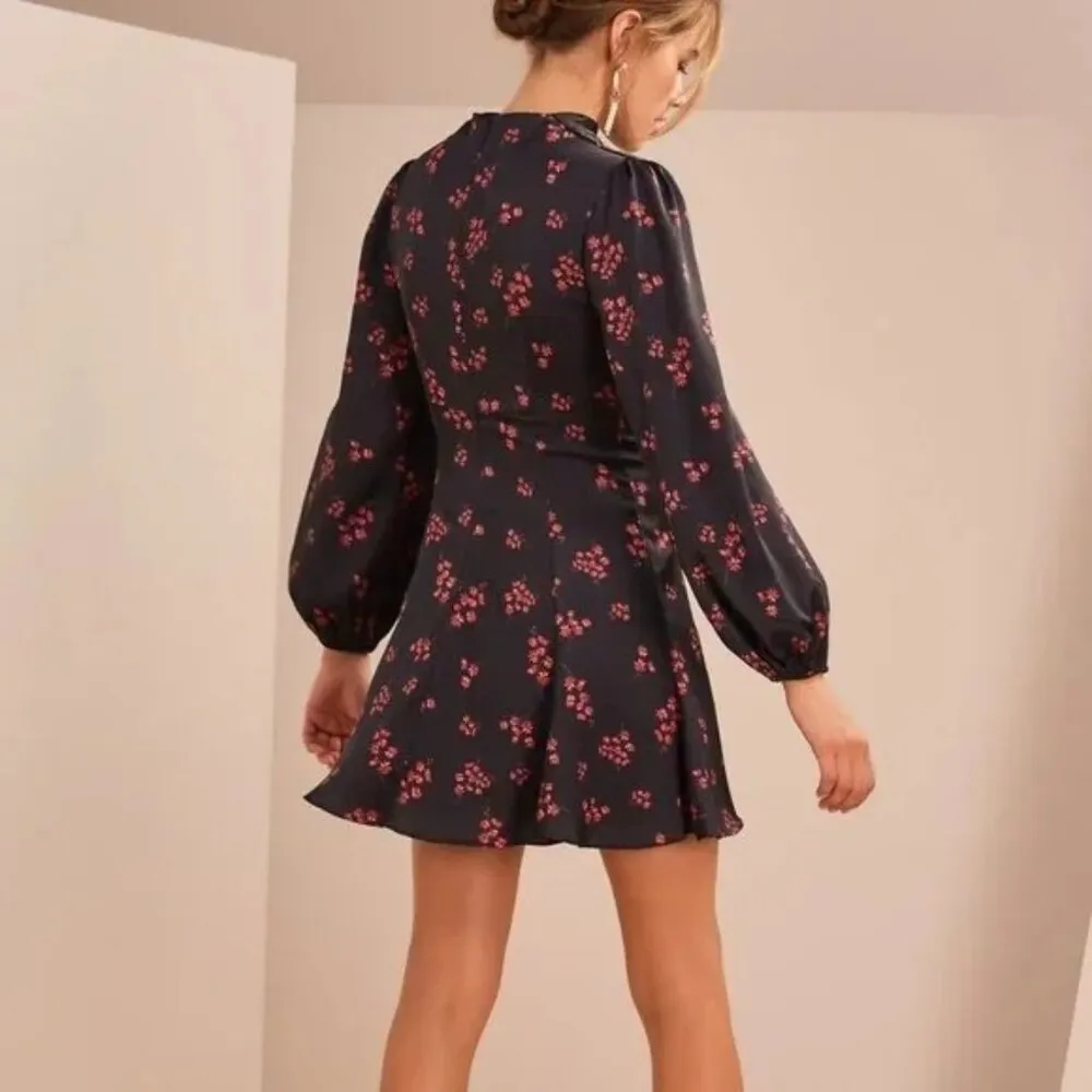 Keepsake Infinity Long Sleeve Satin Mini Dress Black with Pomegranate Ditsy Size Size XS - Image 5