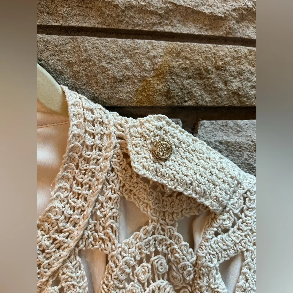 Boston Proper Crochet Three Quarter Sleeve Jacket Cream Medium Boho Cottagecore - Image 9