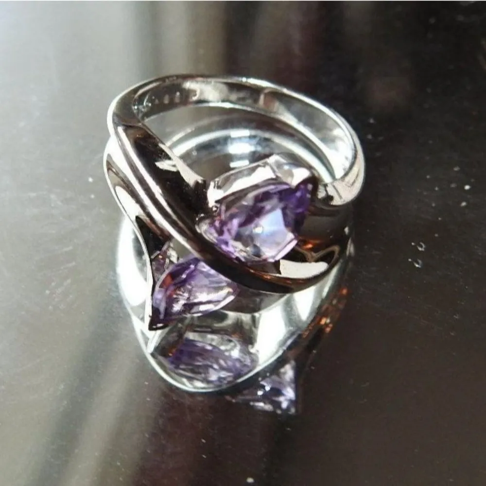 Sterling Silver Amethyst Twist Design 2 Stone Birthstone Ring, Size 6 3/4 Purple - Image 8