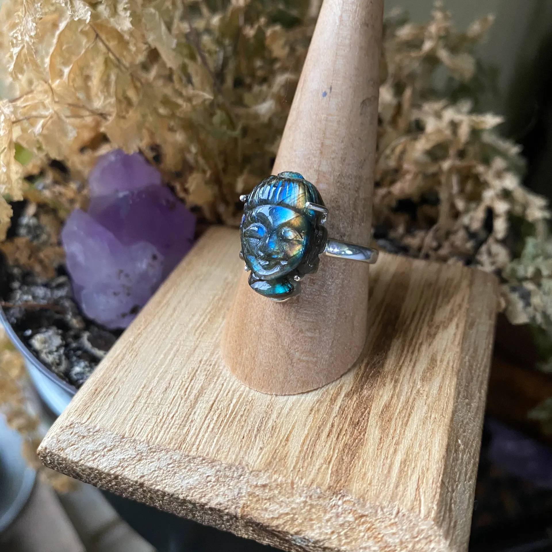 Buddha Face Carved Labradorite Sterling Silver Ring Size 9 Multiple - Image 2