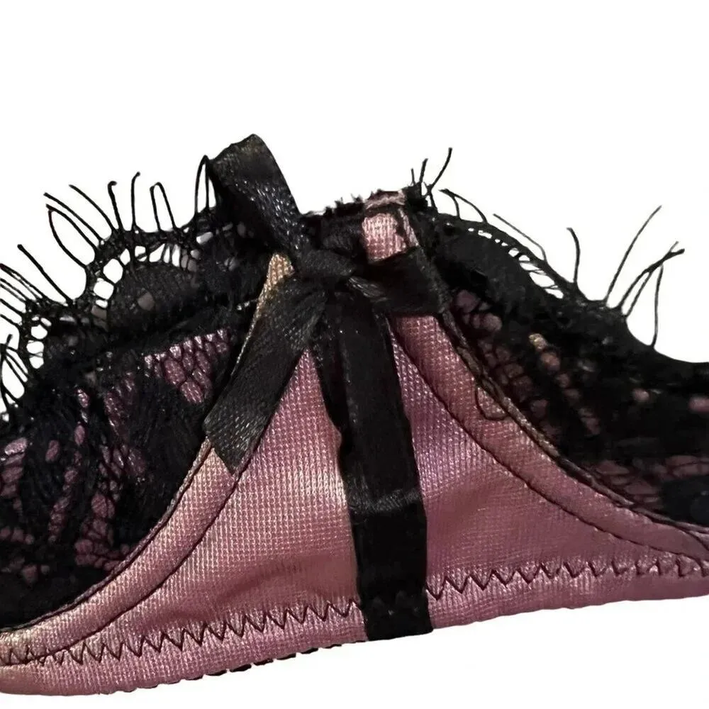 Frederick's of Hollywood Lux Lace Over Satin Shelf Bra Pink Black Womens Size 18 - Image 3