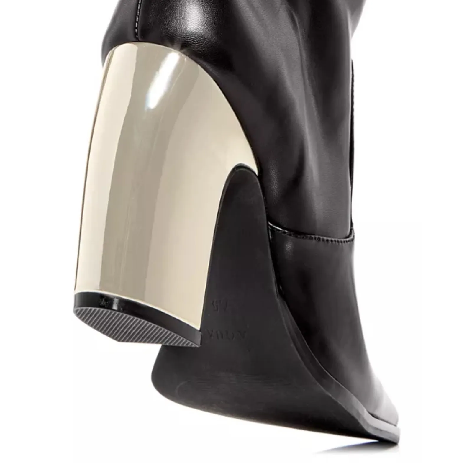AQUA Black Faux Leather Pointed Toe Knee High Boots Metallic Block Heel 9 - Image 4