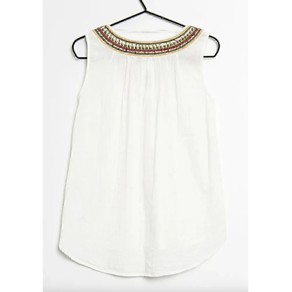 ESPRIT White Multi Embroidered Beaded Sequin Sleeveless Cotton Boho Tank Blouse - Image 3